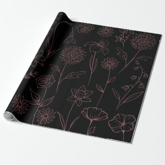 Papel De Presente Daisies Poppies Larkspur Garden Padrão Rosa Preto