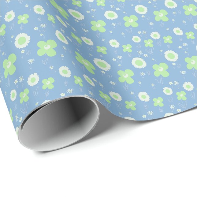 Papel De Presente Daisy Flowers Pastel Green White Em Pastel Blue (Ponta do rolo)