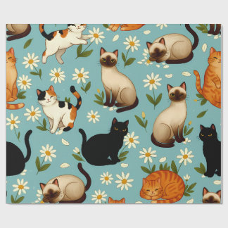 Papel De Presente Daisy Paws Parade – Playful Cats & Blooms