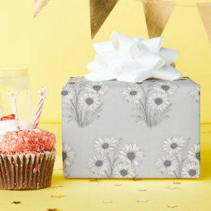 Papel De Presente Daisy Sketch Na Cinza