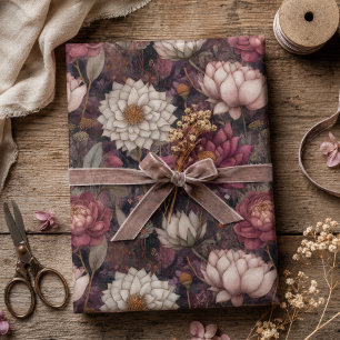 Papel De Presente Dália Botânica Rosa Escuro e Creme Floral Vintage