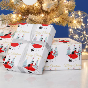 Papel De Presente Dama de Natal Vintage de 1950 com Terrier Escocês
