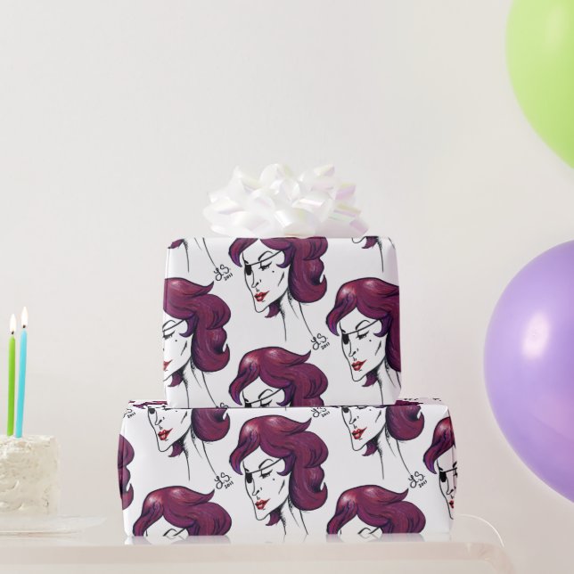 Papel De Presente Dama Pirata Violeta Mulher Cabelo Roxo Desenho Art (Presentes para festas)