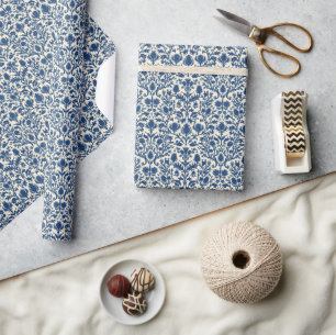 Papel De Presente Damasceno de cardo William Morris cobalto azul e b