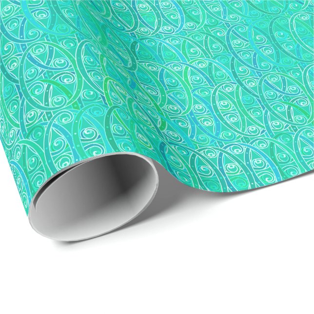 Papel De Presente Damasco árabe - aqua e turquesa (Ponta do rolo)