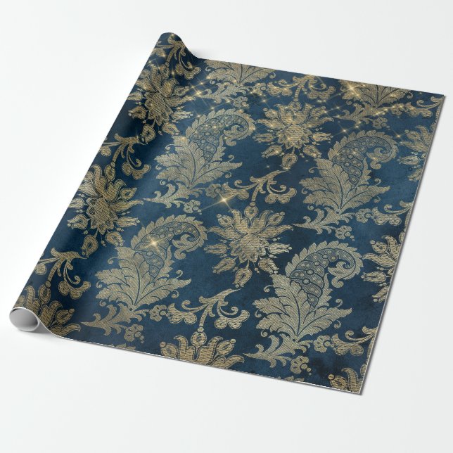 Papel De Presente Damasco azul esparso e Dourado da vinheta (Desenrolado)
