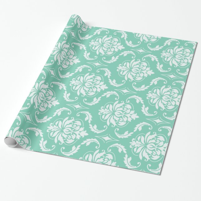 Papel De Presente Damasco clássico verde e branco do Lucite (Desenrolado)