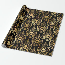 Papel De Presente Damasco de Halloween Preto e Dourado