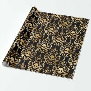 Papel De Presente Damasco de Halloween Preto e Dourado