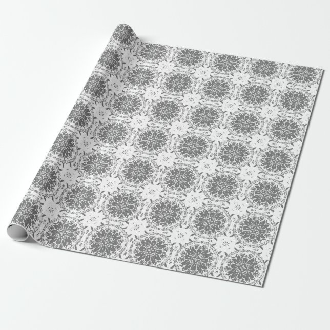 Papel De Presente Damasco de ornamento de folclore branco e cinza (Desenrolado)