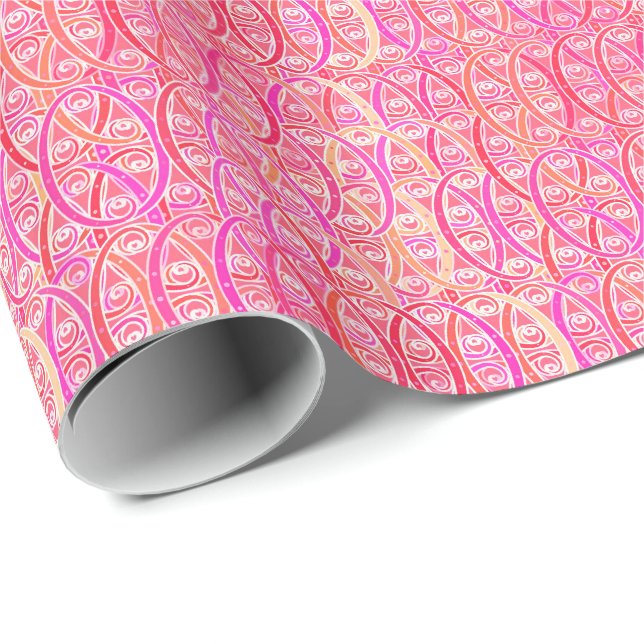 Papel De Presente Damasco do Arabesque - máscaras do rosa coral (Ponta do rolo)