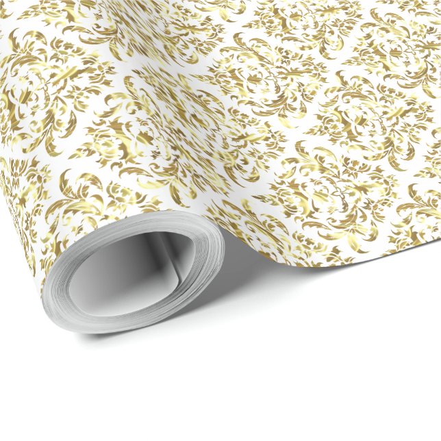 Papel De Presente Damasco Dourado Branco E Metálico (Ponta do rolo)