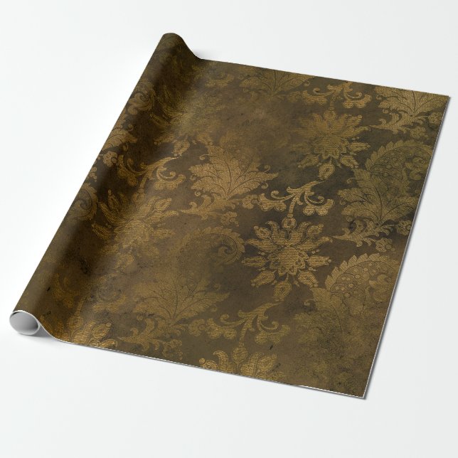 Papel De Presente Damasco Dourado Bronze Antigo (Desenrolado)