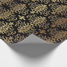 Damasco Dourado Escrito Preto Elegante
