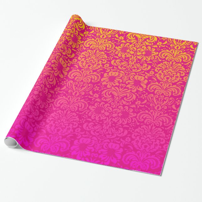 Papel De Presente Damasco elegante (rosa quente e laranja) (Desenrolado)