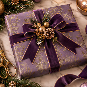 Papel De Presente Damasco Falso de Veludo Natal Dourado e Roxo