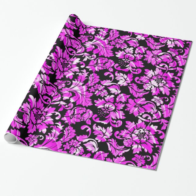 Papel De Presente Damasco Floral Cor-de-Rosa Metálico (Desenrolado)