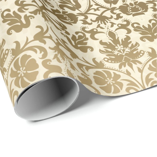 Papel De Presente Damasco floral de creme dourado (Ponta do rolo)