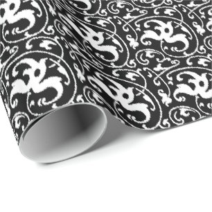Papel De Presente Damasco floral de Ikat - preto e branco