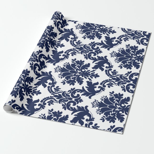 Papel De Presente Damasco floral de marinho azul e branco (Desenrolado)
