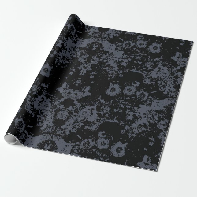 Papel De Presente Damasco preto floral (Desenrolado)