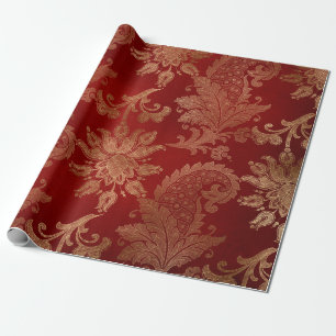 Papel De Presente Damasco Vermelho e Dourado Fofinho