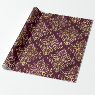 Papel De Presente Damasco Vintage Paris Burgundy e Dourado