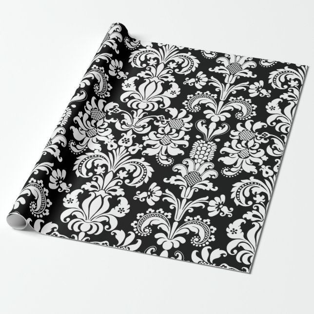 Papel De Presente Damascos Florais Brancos Elegantes Fundo Preto (Desenrolado)
