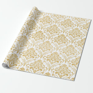 Papel De Presente Damascos florais Dourados e brancos