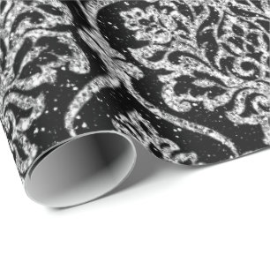 Papel De Presente Damask Black Royal Cinza Silver Glitver