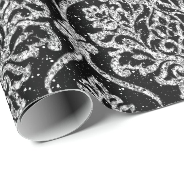 Papel De Presente Damask Black Royal Cinza Silver Glitver (Ponta do rolo)