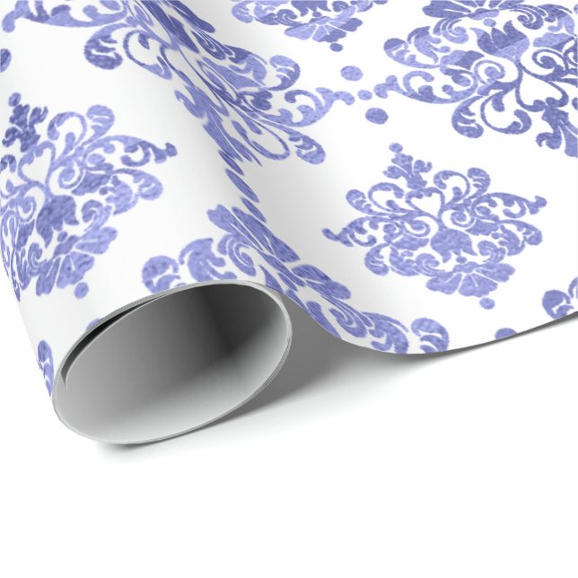 Papel De Presente Damask Blue Cobalt Indigo White Royal Floral (Ponta do rolo)