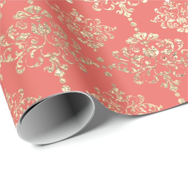Papel De Presente Damask Champagne Coral Real Faux Dourado (Ponta do rolo)