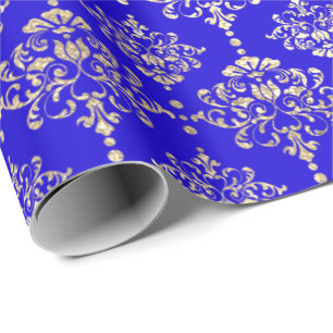 Papel De Presente Damask Dourado Faux Royal Metalal Brilho Cobalto A