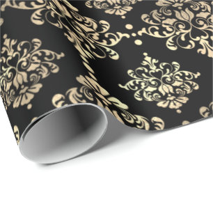 Papel De Presente Damask Faux Champaigne Preto Metálico Real