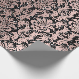 Papel De Presente Damask Glitter Black Rosa Dourado Elegante Real