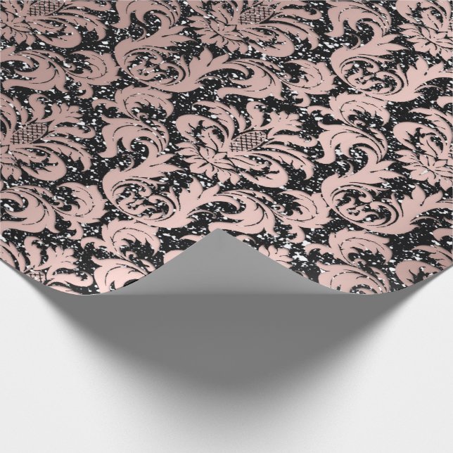 Papel De Presente Damask Glitter Black Rosa Dourado Elegante Real (Ponta)