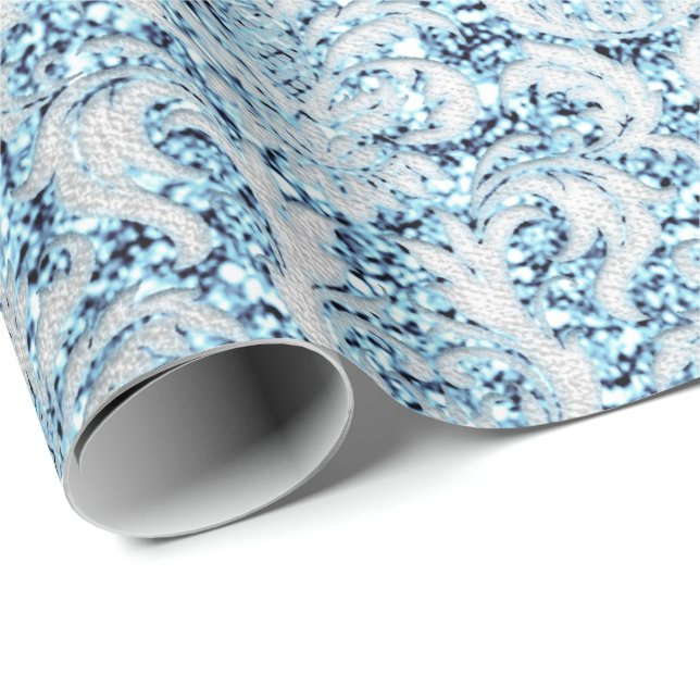 Papel De Presente Damask Glitter Blue Silver Cinza Royal Cotage Lux (Ponta do rolo)
