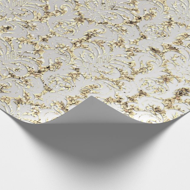 Papel De Presente Damask Glitter Faux Cinza Dourada Prata Royal (Ponta)