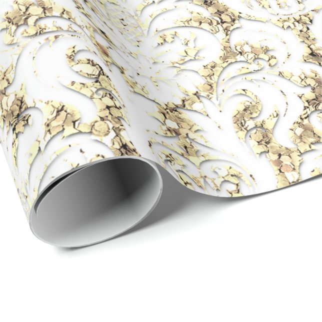 Papel De Presente Damask Glitter Faux Dourado White Lux (Ponta do rolo)