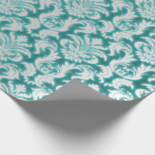 Papel De Presente Damask Glitter Mint Silver Cinza Royal Velvet