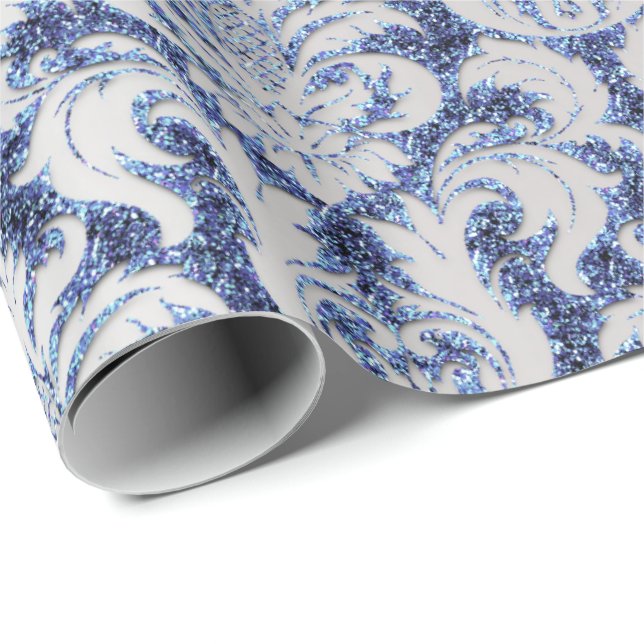 Papel De Presente Damask Glitter Silver Cinza Royal Sapphire Blue (Ponta do rolo)