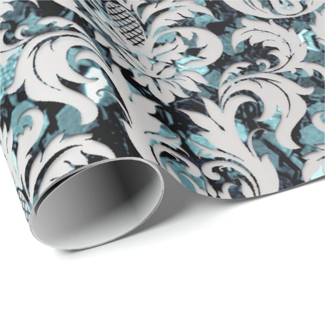 Papel De Presente Damask Glitter Teal Silver Sequência Real (Ponta do rolo)