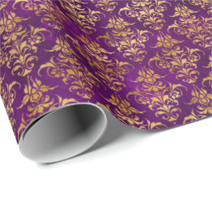 Papel De Presente Damask Halloween Spell Dourado Púrpura Padrão