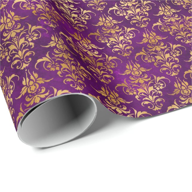 Papel De Presente Damask Halloween Spell Dourado Púrpura Padrão (Ponta do rolo)