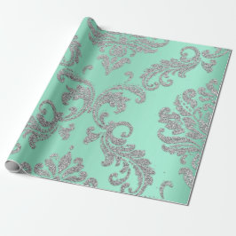 Papel De Presente Damask Mint Green - Glitter Metálico Real