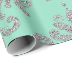 Papel De Presente Damask Mint Green - Glitter Metálico Real