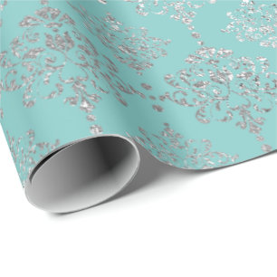 Papel De Presente Damask Silver Cinza Aqua Blu