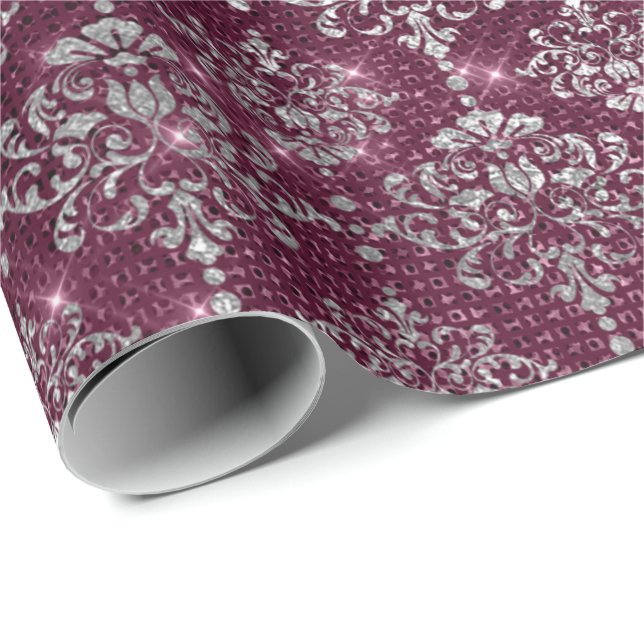 Papel De Presente Damask Silver Cinza Royal Burgundy Beet Sparkly (Ponta do rolo)