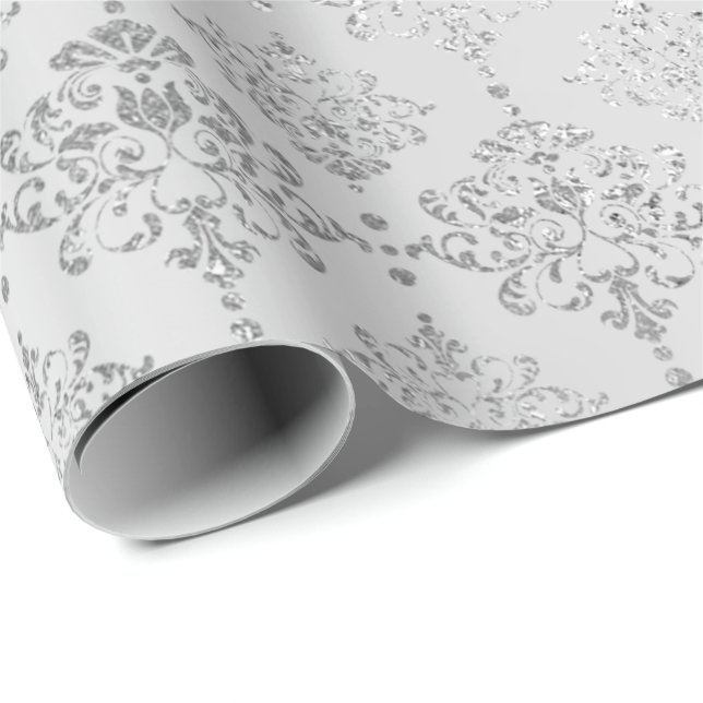 Papel De Presente Damask Silver Monocromático Ornament Formal (Ponta do rolo)